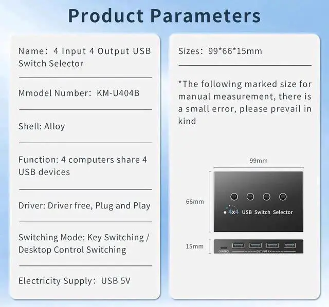 Alt view image 6 of 7 - Vszerda 4-Port USB 3.0 Switch for 3/4 PCs Sharing 4 USB Devices, Desktop Controller & 4 USB Cables Included