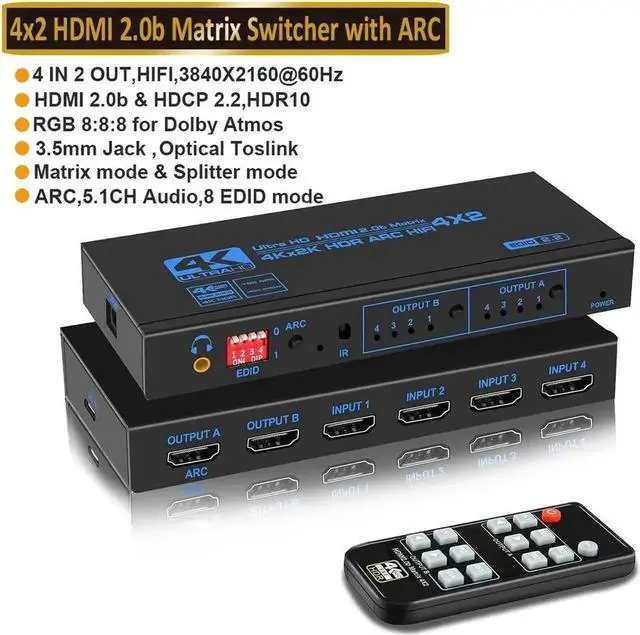 Main image of WRIARICH 4X2 HDMI 2.0b Matrix Switch OZJ2-1 with IR Remote & EDID Extractor, 4K@60Hz HDR Video Splitter, ARC SPDIF Optical + 3.5mm Stereo Audio Output HDCP2.2 3D 1080P