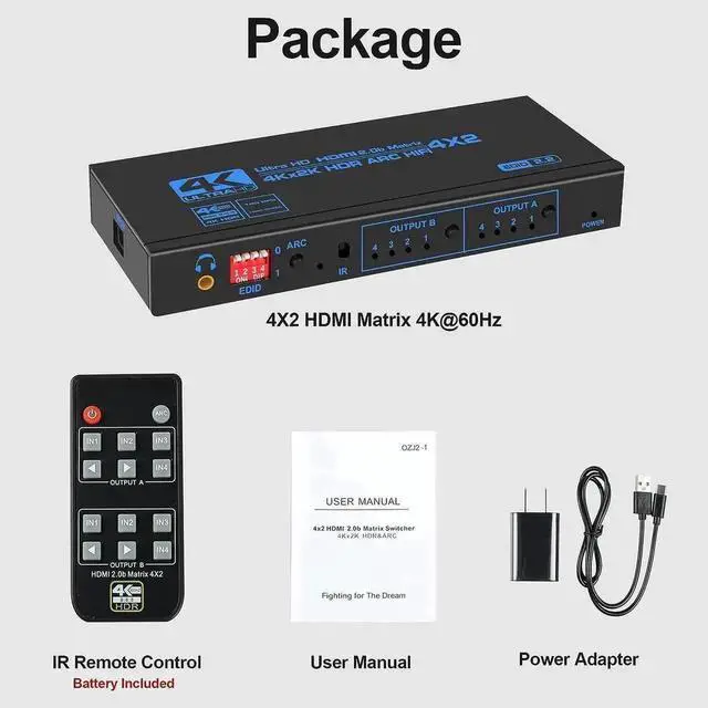 Alt view image 7 of 7 - WRIARICH 4X2 HDMI 2.0b Matrix Switch OZJ2-1 with IR Remote & EDID Extractor, 4K@60Hz HDR Video Splitter, ARC SPDIF Optical + 3.5mm Stereo Audio Output HDCP2.2 3D 1080P