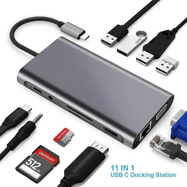 Main image of 11-in-1 USB C Multiport Hub Adapter with Gigabit Ethernet, 100W PD Charging, 4K HDMI, VGA, SD/TF Card Reader, 4×USB3.0 & 3.5mm Audio Mic Jack, Compatible with MacBook, Chromebook & All USB-C Laptops