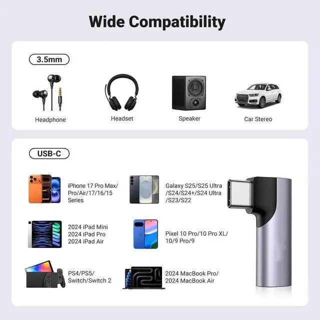 Alt view image 7 of 7 - USB C to 3.5mm Audio Adapter Type C Aux Headphone Jack DAC Stereo Mic HiFi Right Angle Dongle Compatible with iPhone 17 16 15 Pro Max/16 15 Plus, iPad Pro, Galaxy S25 Ultra Pixel 9, Gray