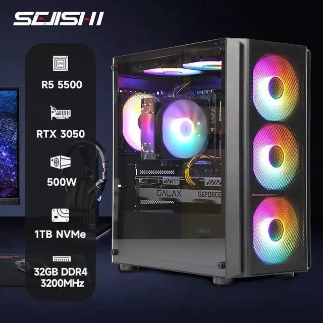 Alt view image 2 of 5 - AODU Gaming PC-Windows 11AMD Ryzen 5 5500 3.6GHz,GeForce RTX3050 6G-DDR4 16GB 3200MHz,NVME M.2 1TB SSD, 500W PSU-Desktop Air coole Prebuilt Gaming Desktop