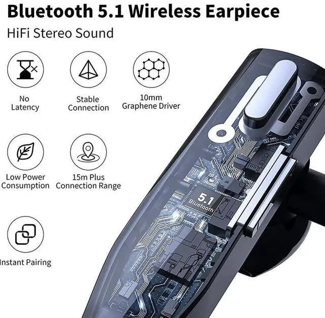 Alt view image 4 of 7 - Trucker Wireless Headset Bluetooth 5.1 Earpiece Dual Mic Earbud Noise Cancelling
