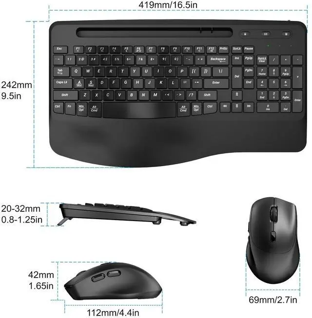 Alt view image 6 of 6 - Rechargable Wireless Keyboard and Mouse Ergonomic Combo 2.4G Full-Sized Quiet