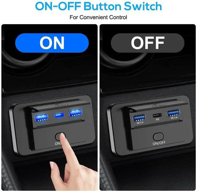 Alt view image 3 of 7 - 12V Dual USB QC3.0 & PD Port Car Fast Charger Socket Power Outlet On-Off Switch