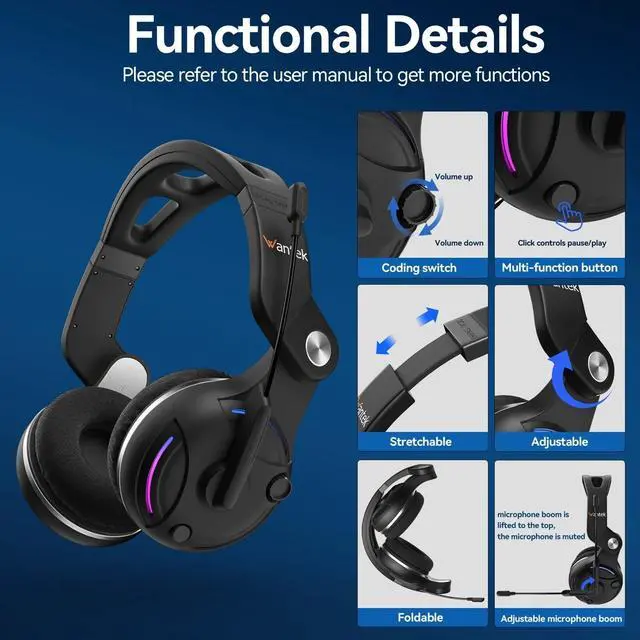 Alt view image 2 of 7 - Wantek Bluetooth Headphones with Mic Foldable Wired Wireless Gaming Headset