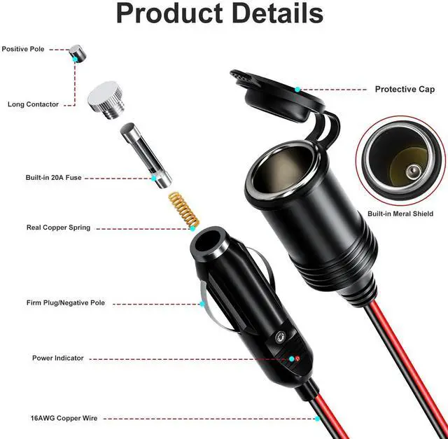 Alt view image 3 of 7 - 13 ft Car Cigarette Lighter Socket Extension Cord Cable Heavey Duty Adapter 12V