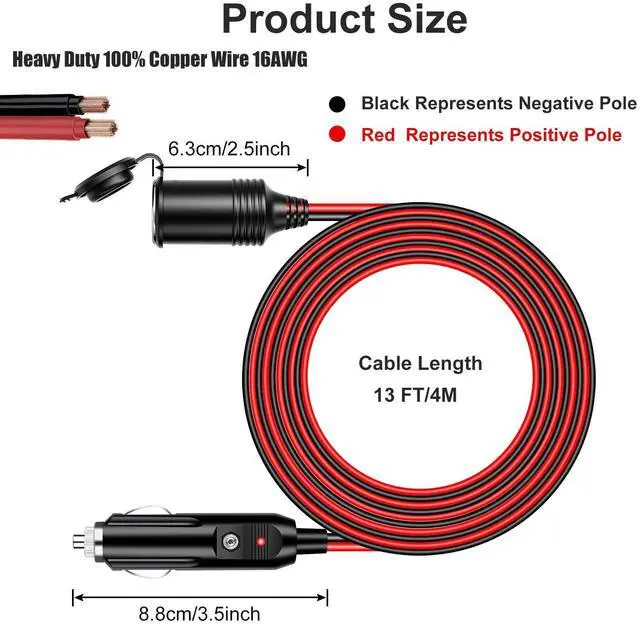 Alt view image 2 of 7 - 13 ft Car Cigarette Lighter Socket Extension Cord Cable Heavey Duty Adapter 12V