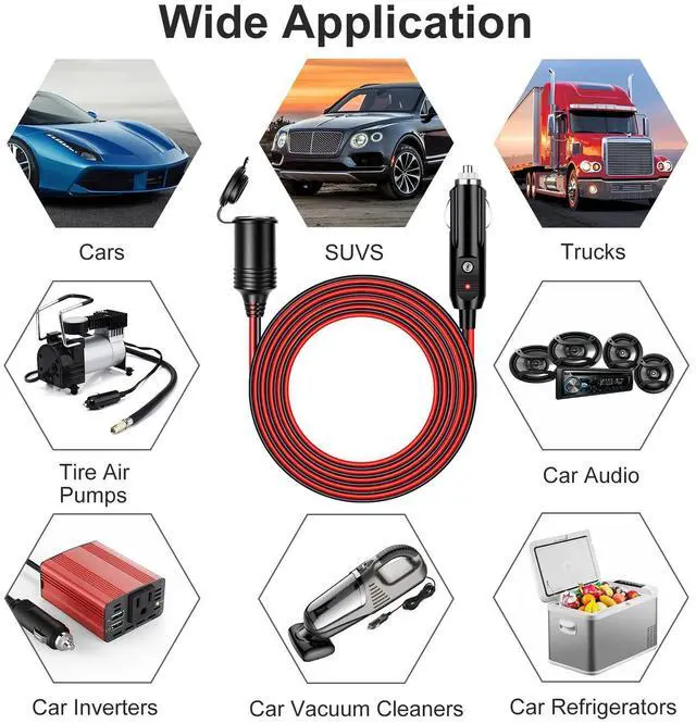 Alt view image 7 of 7 - 13 ft Car Cigarette Lighter Socket Extension Cord Cable Heavey Duty Adapter 12V