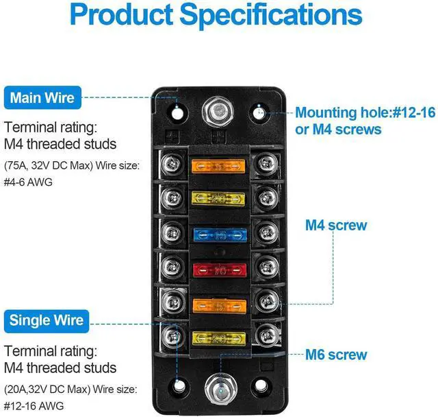 Alt view image 2 of 7 - Universal 6 Way Blade Fuse Block Car Boat Auto Power Distribution Holder Box Kit