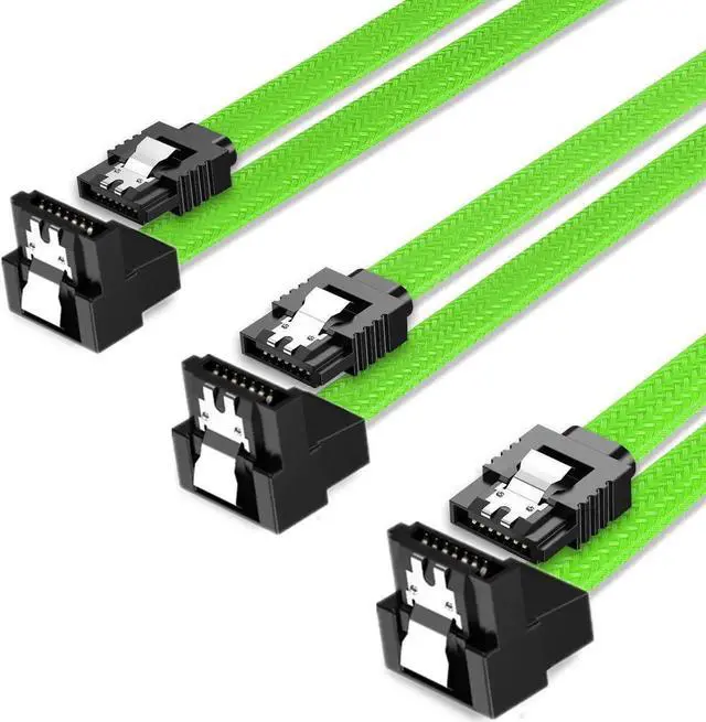 Main image of 3-Pack SATA Cable III (6Gbps) - 90 Degree Right Angle & Straight Locking Latch Data Cable (50cm/18 Inch) for HDD, SSD, CD/DVD Drive - Secure Connection, High Speed Transfer Green