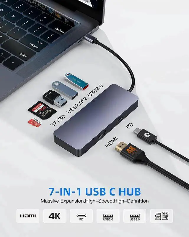 Alt view image 5 of 7 - 7-in-1 USB C Hub for MacBook Air/Pro, 4K HDMI Adapter, 100W PD Charging, USB 3.0/2.0 Ports, SD/TF Card Reader - Compatible with Dell XPS, HP, iPad, Surface, Type C Laptops & Tablets