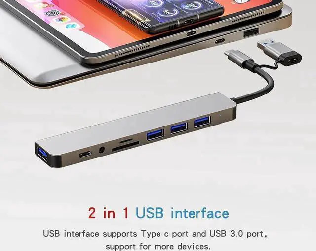 Alt view image 2 of 5 - 8-in-1 USB C Hub & USB 3.0 Adapter, Ultra-Slim Multiport Type C Docking Station with SD/Micro SD Card Reader, 2-in-1 Interface for MacBook, PS5, Laptop, PC - Space Gray