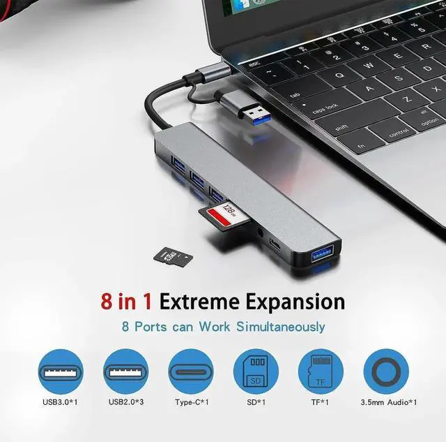 Alt view image 4 of 5 - 8-in-1 USB C Hub & USB 3.0 Adapter, Ultra-Slim Multiport Type C Docking Station with SD/Micro SD Card Reader, 2-in-1 Interface for MacBook, PS5, Laptop, PC - Space Gray
