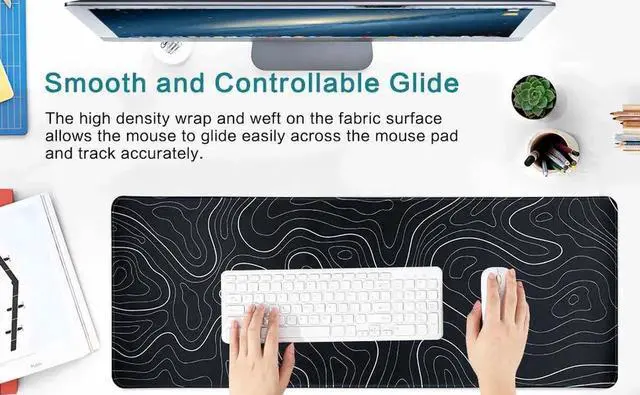 Alt view image 5 of 7 - XXL Gaming Mouse Pad (31.5x11.8 Inch) with Cool Topographic Design, Non-Slip Rubber Base, Stitched Edges, Waterproof Desk Mat for Gaming, Office, Home Computer Setup - Machine Washable (Black)
