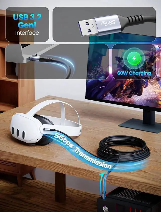 Alt view image 7 of 7 - 16FT/5M USB A to C VR Link Cable for Oculus Meta Quest 3/3S/Pro & Pico 4, 5Gbps High-Speed Data Sync & Charging Cable for Steam VR, PC, VR Headset Accessories (USB 3.0 to Type C)