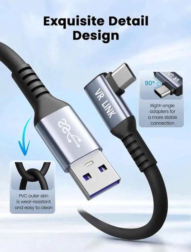 Alt view image 3 of 7 - 16FT/5M USB A to C VR Link Cable for Oculus Meta Quest 3/3S/Pro & Pico 4, 5Gbps High-Speed Data Sync & Charging Cable for Steam VR, PC, VR Headset Accessories (USB 3.0 to Type C)