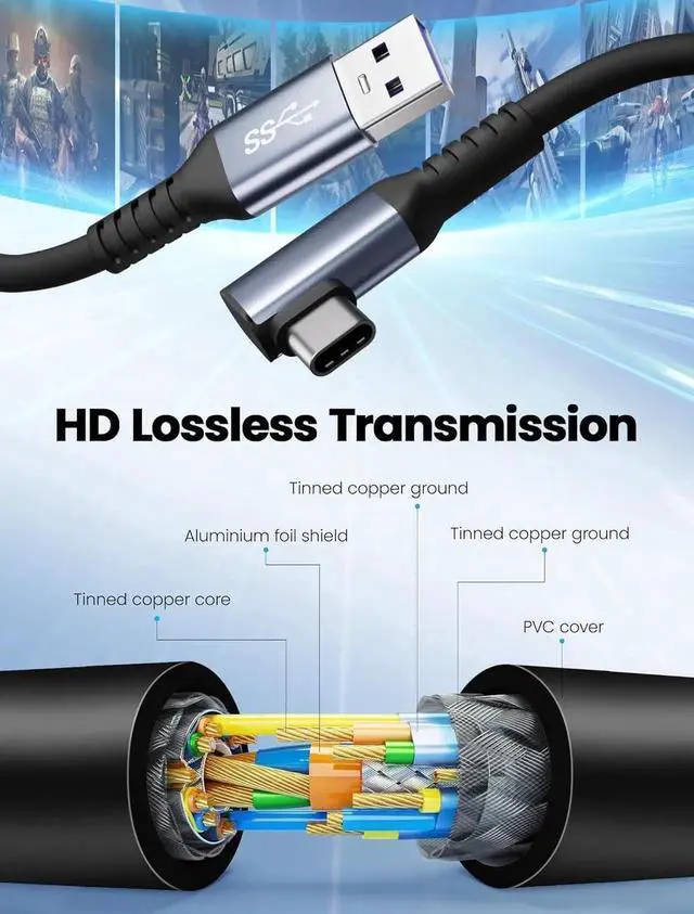 Alt view image 2 of 7 - 16FT/5M USB A to C VR Link Cable for Oculus Meta Quest 3/3S/Pro & Pico 4, 5Gbps High-Speed Data Sync & Charging Cable for Steam VR, PC, VR Headset Accessories (USB 3.0 to Type C)