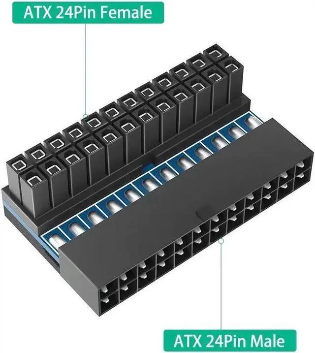 Alt view image 3 of 4 - 90 Degree 24-Pin ATX Power Supply Adapter (Female to Male), Right-Angle Low-Profile Connector for Desktop PC, Gaming Rig, Cable Management - Black