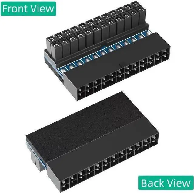 Alt view image 2 of 4 - 90 Degree 24-Pin ATX Power Supply Adapter (Female to Male), Right-Angle Low-Profile Connector for Desktop PC, Gaming Rig, Cable Management - Black