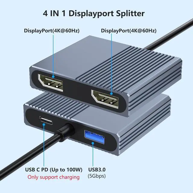 Alt view image 2 of 7 - Display Port Splitter for Dual Monitors, 4K@60Hz USB C to Dual DisplayPort Adapter for Dell/HP/Mac Laptops, Type C to Display Port Multiport with USB3.0/PD, Dual Monitor Adapter, Displayport MST Hub