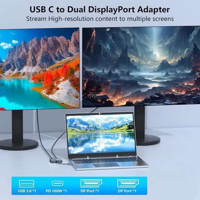 Alt view image 3 of 7 - Display Port Splitter for Dual Monitors, 4K@60Hz USB C to Dual DisplayPort Adapter for Dell/HP/Mac Laptops, Type C to Display Port Multiport with USB3.0/PD, Dual Monitor Adapter, Displayport MST Hub