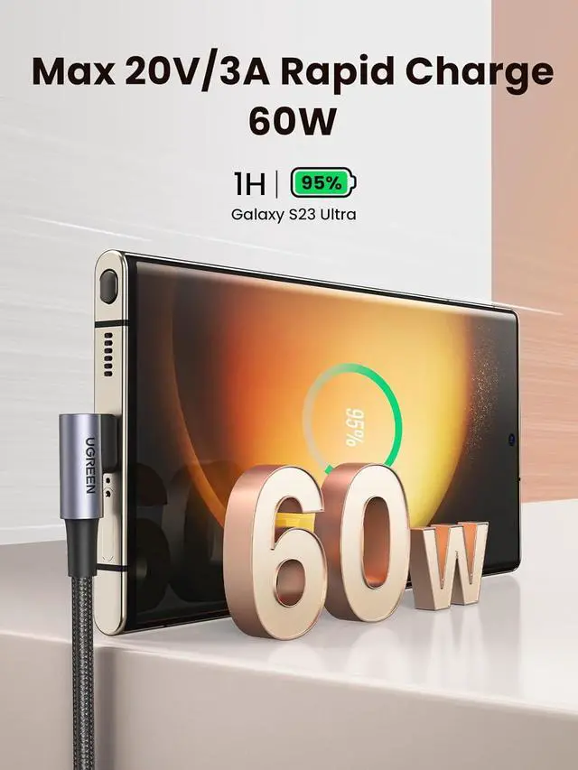 Alt view image 3 of 7 - UGREEN Right Angle Cable, 60W USB C Fast Charging Cable 90 Degree Compatible with iPhone 17/17 Air/17 Pro/16 MacBook Pro, iPad Pro, Galaxy S25/S24/S23, Pixel 10/9/8, 3.3FT