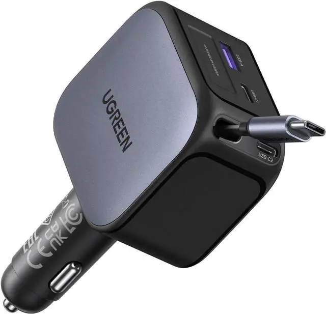 Main image of UGREEN 145W 4-Port Retractable Car Charger, 3C1A USB C Fast Charger with 60W Retractable Cable, Cigarette Lighter Adapter Compatible with MacBook Pro, iPhone 17/16, Galaxy S25/S24 Ultra, iPad, Laptop