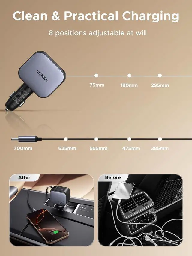 Alt view image 5 of 7 - UGREEN 145W 4-Port Retractable Car Charger, 3C1A USB C Fast Charger with 60W Retractable Cable, Cigarette Lighter Adapter Compatible with MacBook Pro, iPhone 17/16, Galaxy S25/S24 Ultra, iPad, Laptop