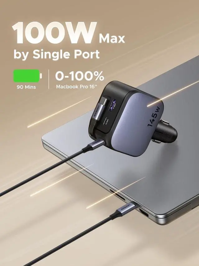Alt view image 3 of 7 - UGREEN 145W 4-Port Retractable Car Charger, 3C1A USB C Fast Charger with 60W Retractable Cable, Cigarette Lighter Adapter Compatible with MacBook Pro, iPhone 17/16, Galaxy S25/S24 Ultra, iPad, Laptop