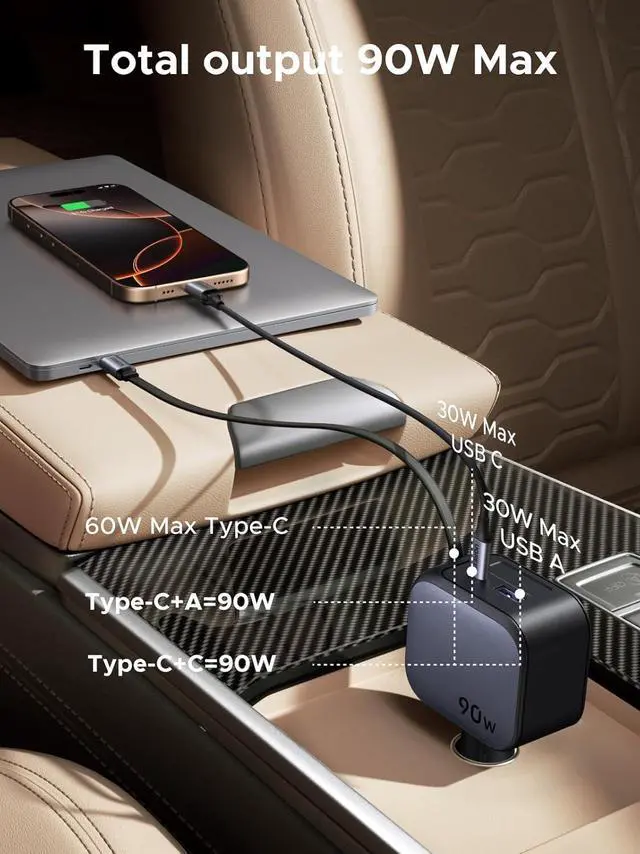 Alt view image 2 of 7 - UGREEN 90W Retractable Car Charger, 3 Port USB C Phone Charger Fast Charging with Type C Cable, Cigarette Lighter Adapter Compatible with MacBook, iPhone 17 16 15 Pro Max, Galaxy S25 S24 Ultra, iPad