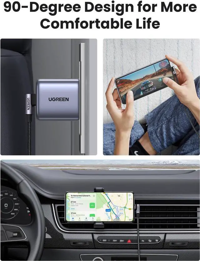 Alt view image 2 of 7 - UGREEN Right Angle USB C Cable 3.3FT, 60W USB C to USB C Cable 90 Degree Type C Cable for iPhone 17/16, MacBook Pro/Air, iPad Pro 2022/Air 5/Mini 6, Galaxy S25/S24/S23, Pixel 10/9, Switch