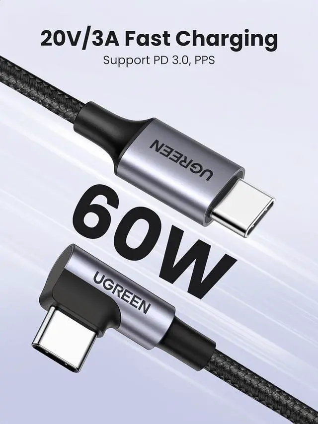 Alt view image 3 of 7 - UGREEN Right Angle USB C Cable 3.3FT, 60W USB C to USB C Cable 90 Degree Type C Cable for iPhone 17/16, MacBook Pro/Air, iPad Pro 2022/Air 5/Mini 6, Galaxy S25/S24/S23, Pixel 10/9, Switch