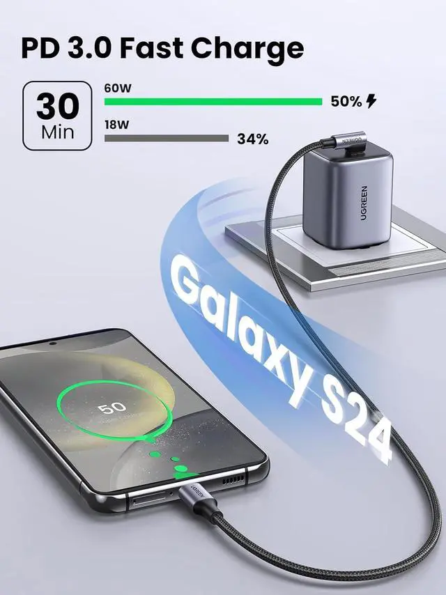 Alt view image 4 of 7 - UGREEN Right Angle USB C Cable 3.3FT, 60W USB C to USB C Cable 90 Degree Type C Cable for iPhone 17/16, MacBook Pro/Air, iPad Pro 2022/Air 5/Mini 6, Galaxy S25/S24/S23, Pixel 10/9, Switch