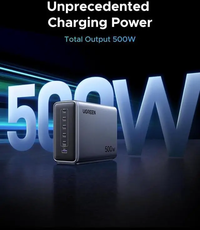 Alt view image 2 of 7 - UGREEN Nexode 500W GaN Charging Station, 6-Port USB-C & USB-A with 240W Single Port, Smart Temperature Control & Space-Saving Design for iPhone 17/16/15, Galaxy S25/S24, MacBook Pro/Air, iPad, Laptops