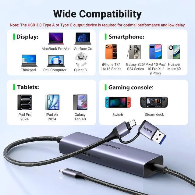 Alt view image 7 of 7 - UGREEN 2K 30FPS 1080P 60FPS USB C Video Capture Card with 100W Power Delivery Type C to 4K USB3.0 Capture Card for Streaming, Gaming, Compatible with Switch, iPad, Quest 3, Steam Deck, iPhone 17