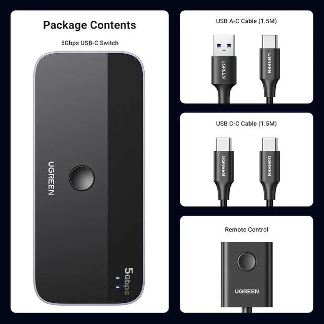 Alt view image 7 of 7 - UGREEN USB Switch A & C Input for Computers - Share 4 Ports, Switcher Selector for PC, Laptop, Keyboard, Mouse, Webcam, Microphone - Adapter With 2 USB-C Data Cables and Remote