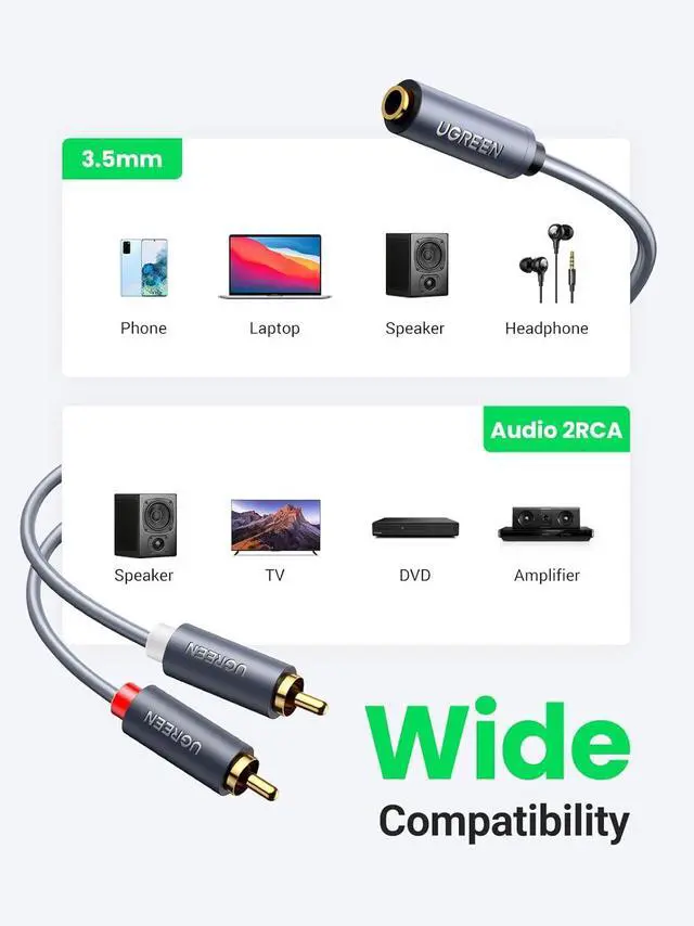 Alt view image 3 of 7 - UGREEN 3.5mm Female to 2 RCA Male Cable Gold Plated Stereo RCA Auxiliary Audio Adapter Flexible Metal Shell Y Splitter Aux Cord Compatible with iPod MP3 DVD DJ Controller Mixer Speaker, 0.65FT