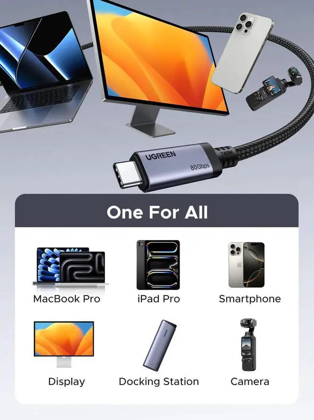 Alt view image 7 of 7 - UGREEN USB4 Cable 240W USB-C to USB-C 3.3ft, 40Gbps Data Transfer & 8K Video Output, PD 3.1 Fast Charging Compatible with MacBook Pro, Thunderbolt 4/3, SSD