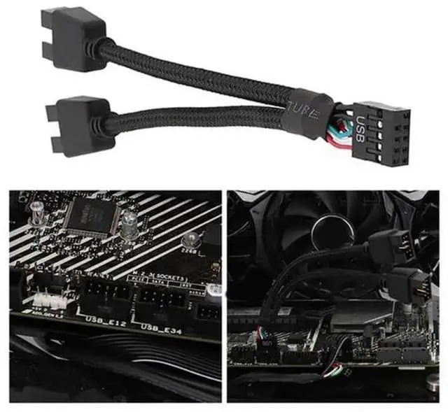 Alt view image 3 of 6 - 1 Pack Motherboard 9 Pin USB 2.0 to Dual 9 Pin Extension Splitter, Motherboard USB Splitter 9 Pin Header Cable, USB2.0 Header Splitter for Internal Computer Motherboard (Braided Black)