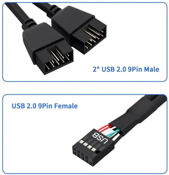 Alt view image 4 of 6 - 1 Pack Motherboard 9 Pin USB 2.0 to Dual 9 Pin Extension Splitter, Motherboard USB Splitter 9 Pin Header Cable, USB2.0 Header Splitter for Internal Computer Motherboard (Braided Black)