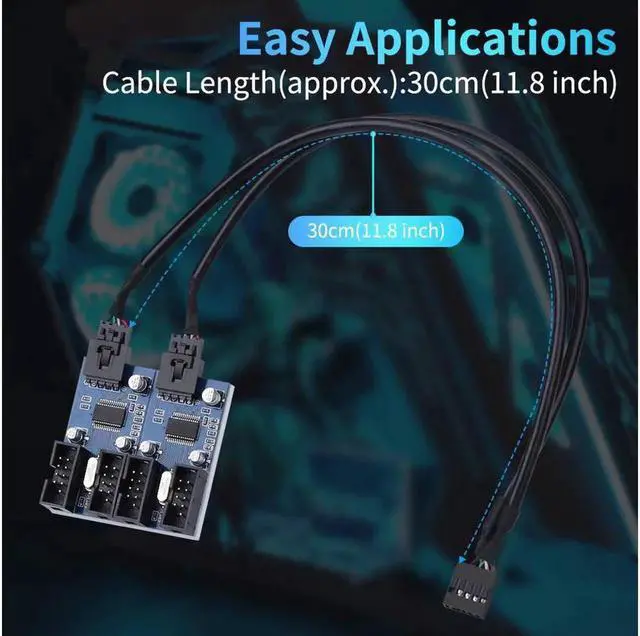 Alt view image 5 of 7 - 4 in 1 Internal USB Splitter Cable, Electop 9 pin USB Header Male 1 to 4 Female Extension Connector Adapter, USB 2.0 HUB Connector Port Multiplier PWM Fan Splitter Cable (30cm/0.98ft)