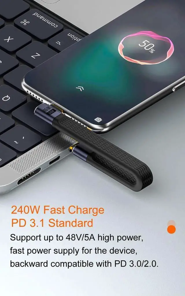 Alt view image 4 of 7 - 40Gbps USB Type C Cable, Straight Male to 90 Degree Up & Down Angle Male USB C Cable, 240W PD QC Cord for Thunderbolt 4/3, 8K@60Hz, 0.39ft