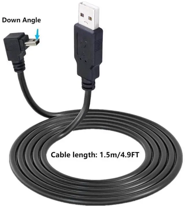 Main image of 90 Degree Mini USB Cable Angle Mini 5pin USB B Male to USB 2.0 Male Data Sync Charging Extension Cable for GPS Dash Cam Black Down Angle 4.9FT
