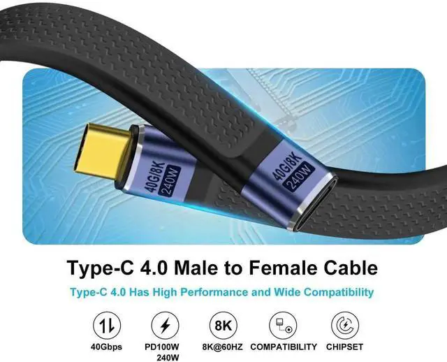 Alt view image 6 of 6 - USB C Extension Cable 40Gbps Flat USB C Extension Cable 240W 48V 5A Support Audio & Video 8K@60Hz, for Phones, Laptops, PC (Straight, 13 cm)
