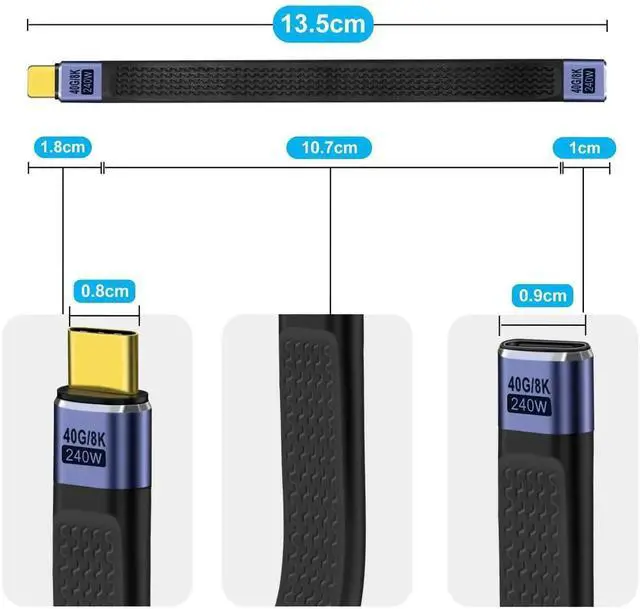 Alt view image 5 of 6 - USB C Extension Cable 40Gbps Flat USB C Extension Cable 240W 48V 5A Support Audio & Video 8K@60Hz, for Phones, Laptops, PC (Straight, 13 cm)