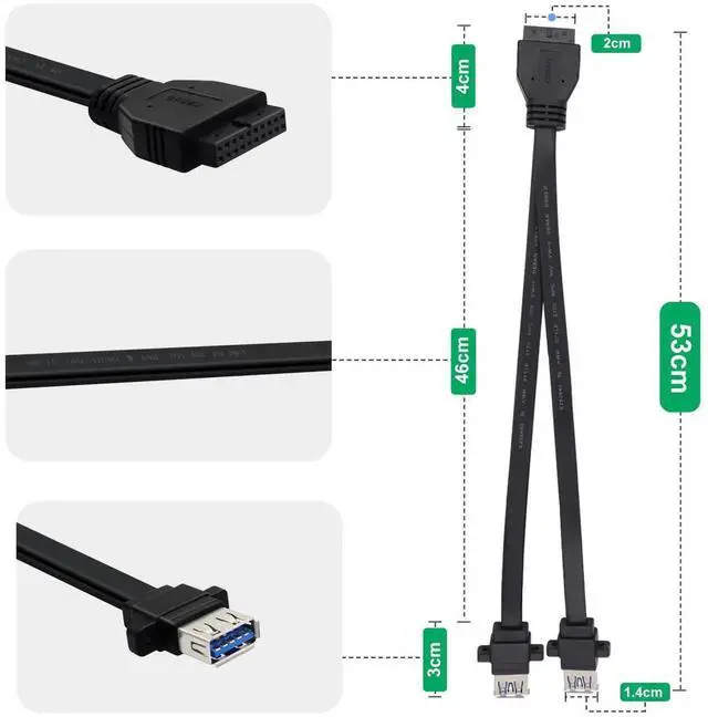 Alt view image 5 of 6 - USB 3.0 Front Panel Cable 5Gbps USB 3 0 Header Extension Cable 19/20 Pin USB 3.0 Front Panel Extension with Panel Mount Holes (50 cm)
