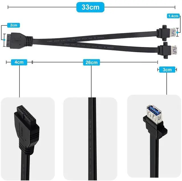 Alt view image 2 of 6 - USB 3.0 Front Panel Cable Extension with Panel Mount Holes 5Gbps Motherboard 19/20pin Header Splitter to 2 USB Female (30 cm)