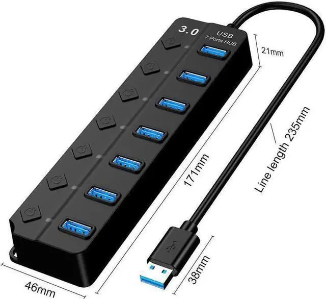 Alt view image 3 of 7 - USB 3.0 Hub, DEFEILIN 7 Port Powered USB Hub Expander Aluminum USB 3.0 Data Port hub with Universal 5V AC Adapter and Individual On/Off Switches USB Splitter for Laptop and PC(Black)