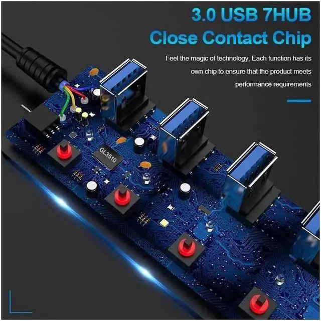 Alt view image 7 of 7 - USB 3.0 Hub, DEFEILIN 7 Port Powered USB Hub Expander Aluminum USB 3.0 Data Port hub with Universal 5V AC Adapter and Individual On/Off Switches USB Splitter for Laptop and PC(Black)